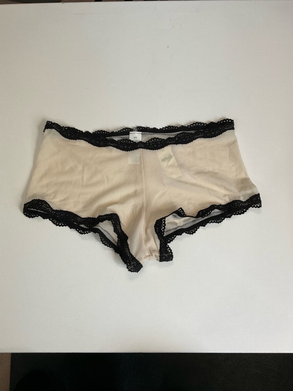 aerie Beige Boyshort Panties with Black Lace Trim